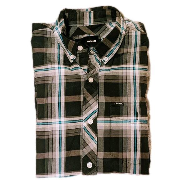 Men's Blue & Black Plaid Hurley Long Sleeve Shirt Lightweight Buttoned Pocket - Picture 1 of 8